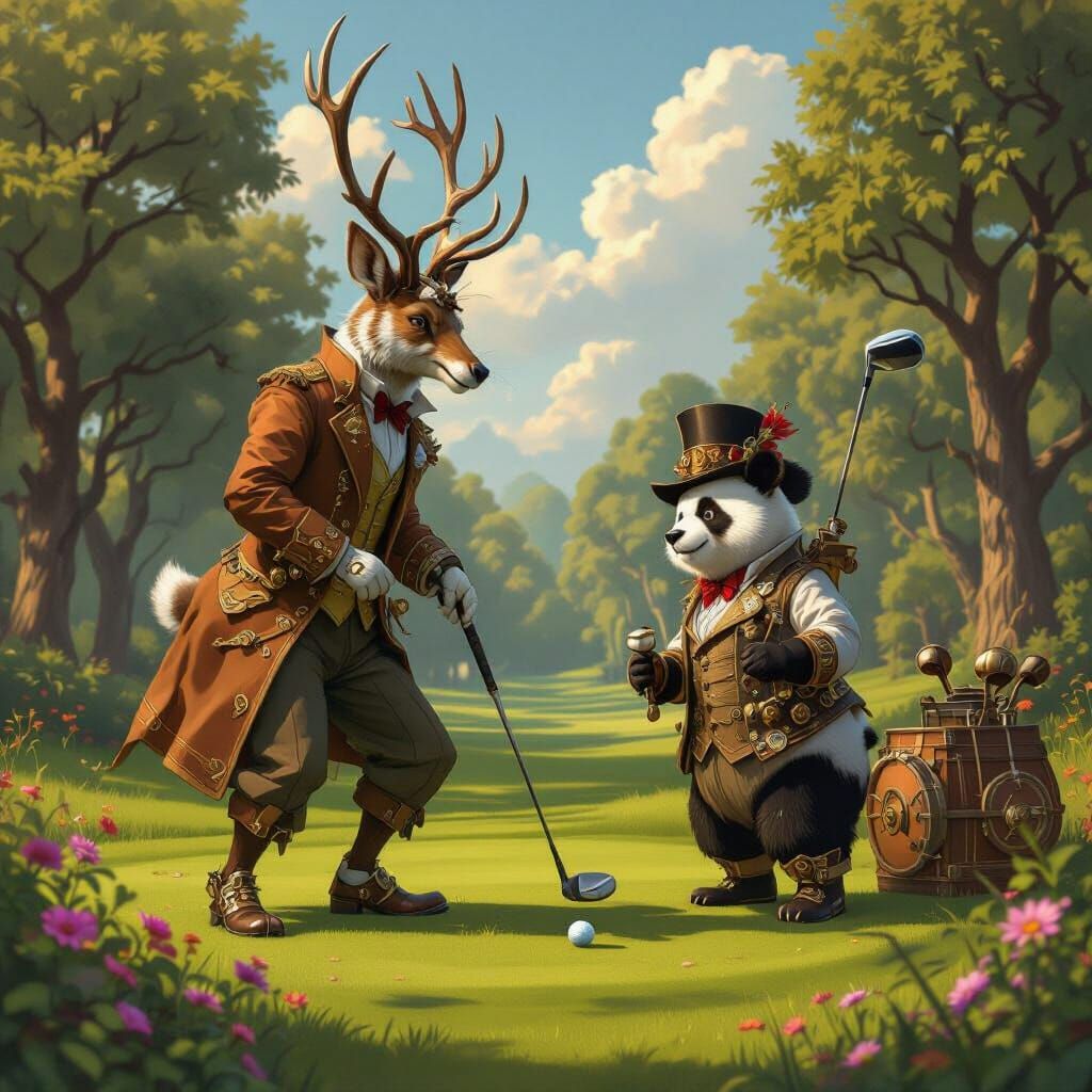 Steampunk Animals Play Golf in Golden Hour