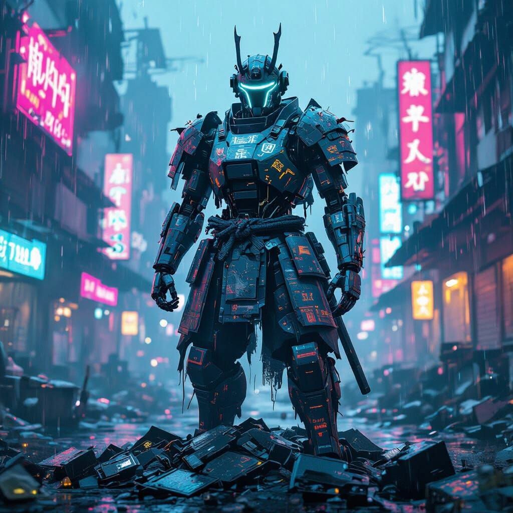 A lone, battle-scarred robot, reminiscent of a samurai warrior,