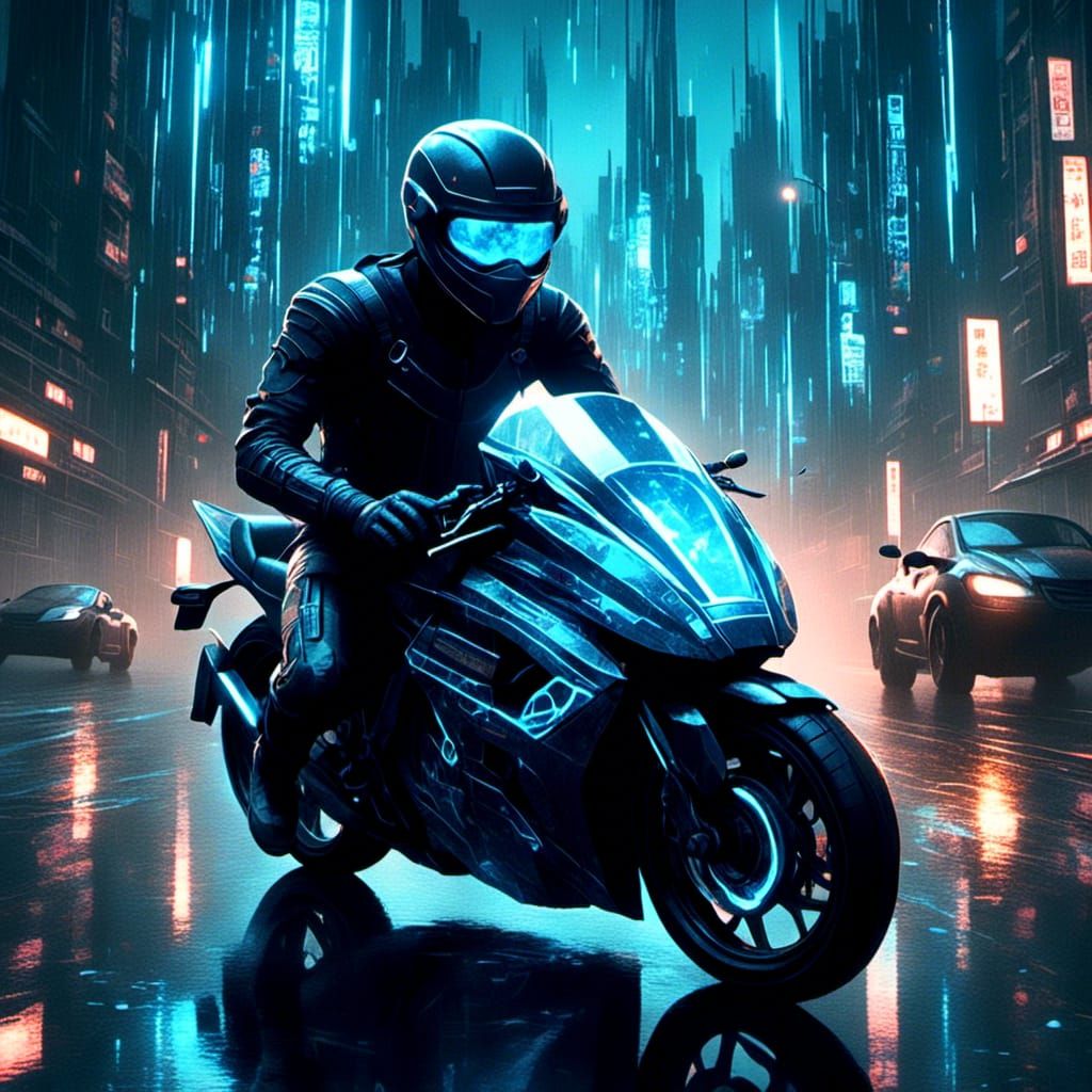 Cyberpunk Ninja Rider in Dystopian Metropolis