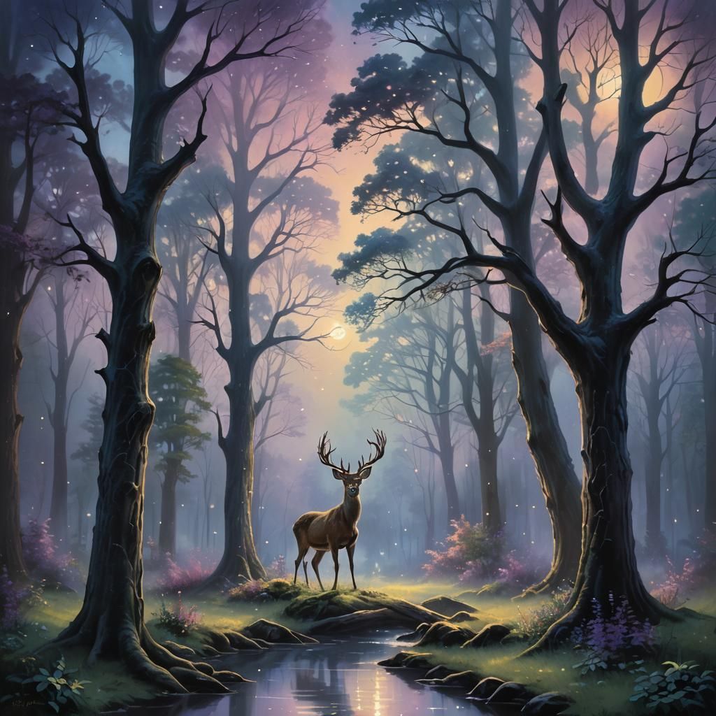 Moonlit Deer in Enchanted Forest: Kinkade-Inspired Oil Paint...