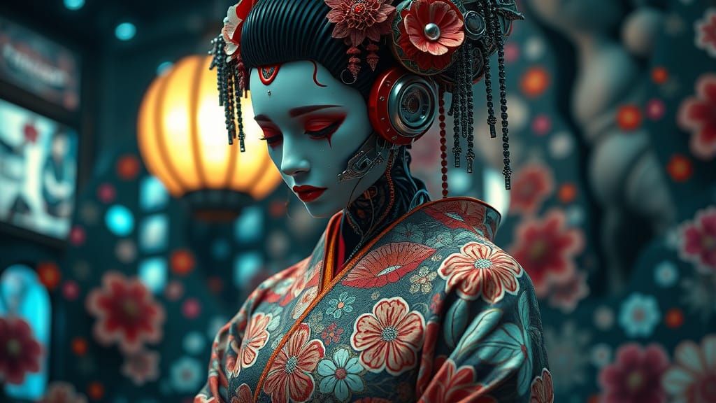 Cyberpunk Android Geisha in Intricate Kimono