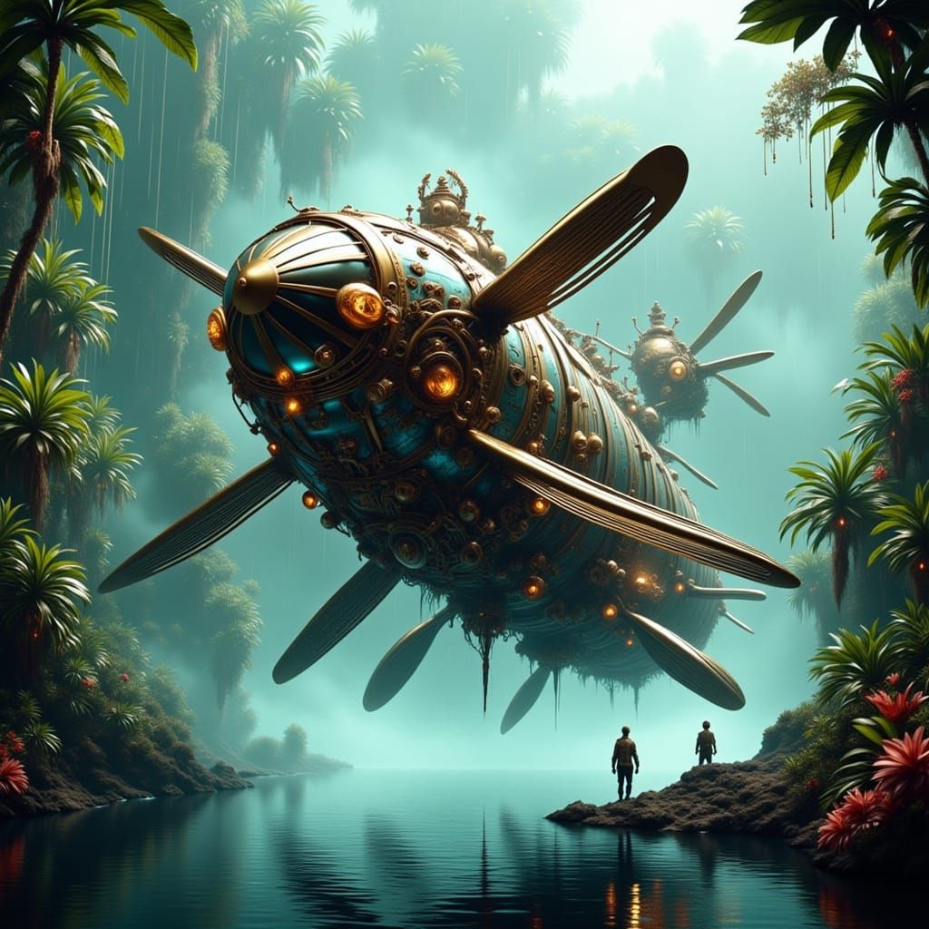 Majestic Petrolpunk Airship in Steampunk-Inspired Jungle Set...