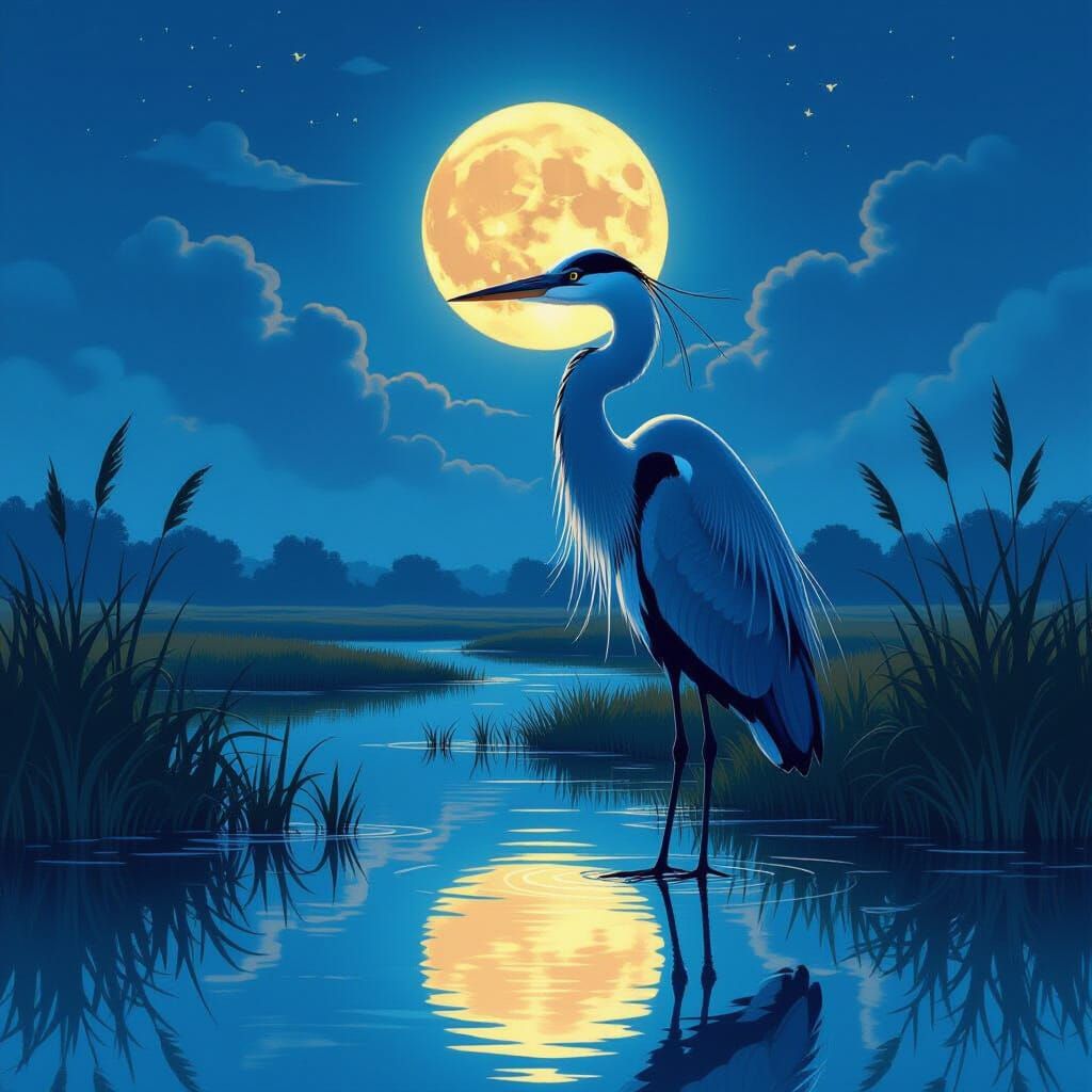Heron Silhouetted Against Moonlit Autumn Sky as Ink Wash Mat...