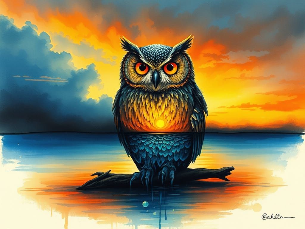Alcohol Ink Painting of a Water Owl at Sunset