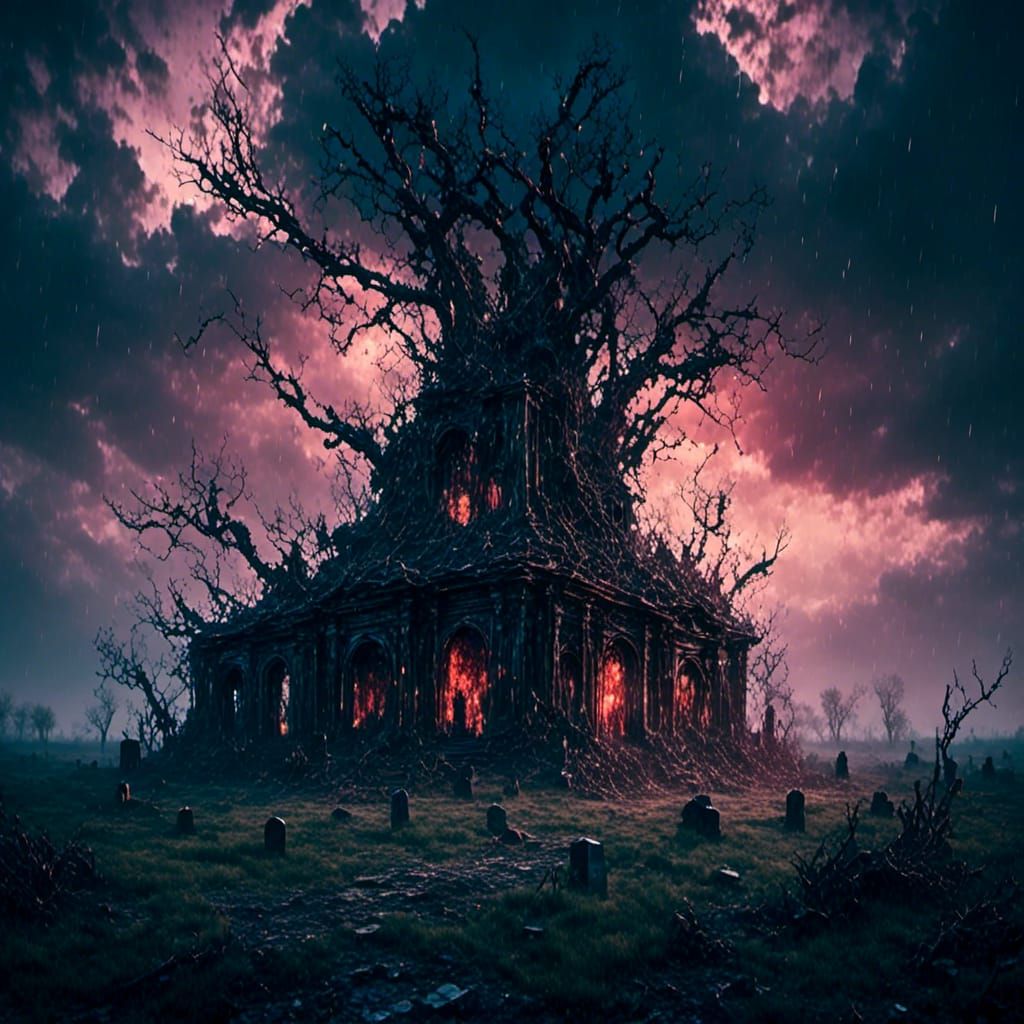 <lora:FrightNight:1.0>raining in a scary graveyard thunderstorm tornadic twilight post-apocalyptic sharp focus vignette ...