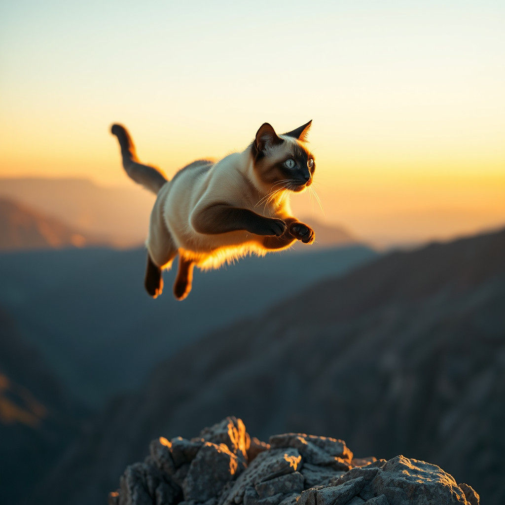 Ethereal Siamese Cat in Dramatic Leap of Faith During Golden...