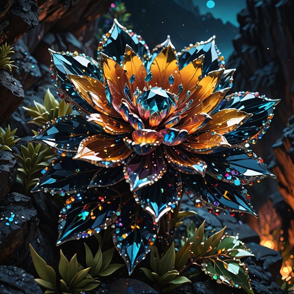 Hyperrealistic Jeweled Crystal Flower at Night
