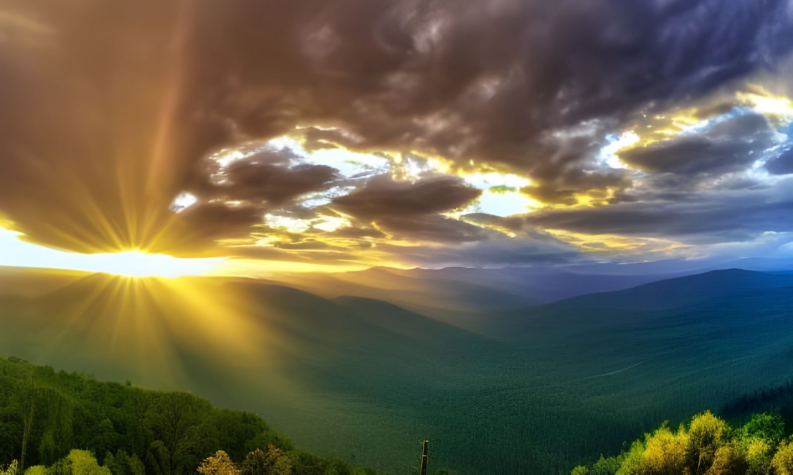 Fantasy Forest Valley at Sunset in Golden Hour