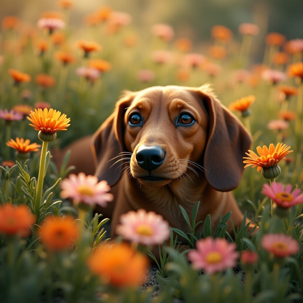 Sausage Dog in Flowers, Cinematic Film Still