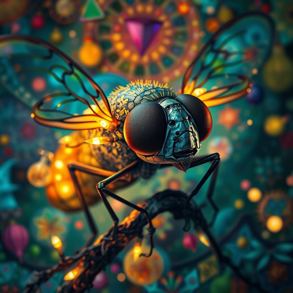 Mystical Firefly with Christmas Lights and Geometric Pattern...