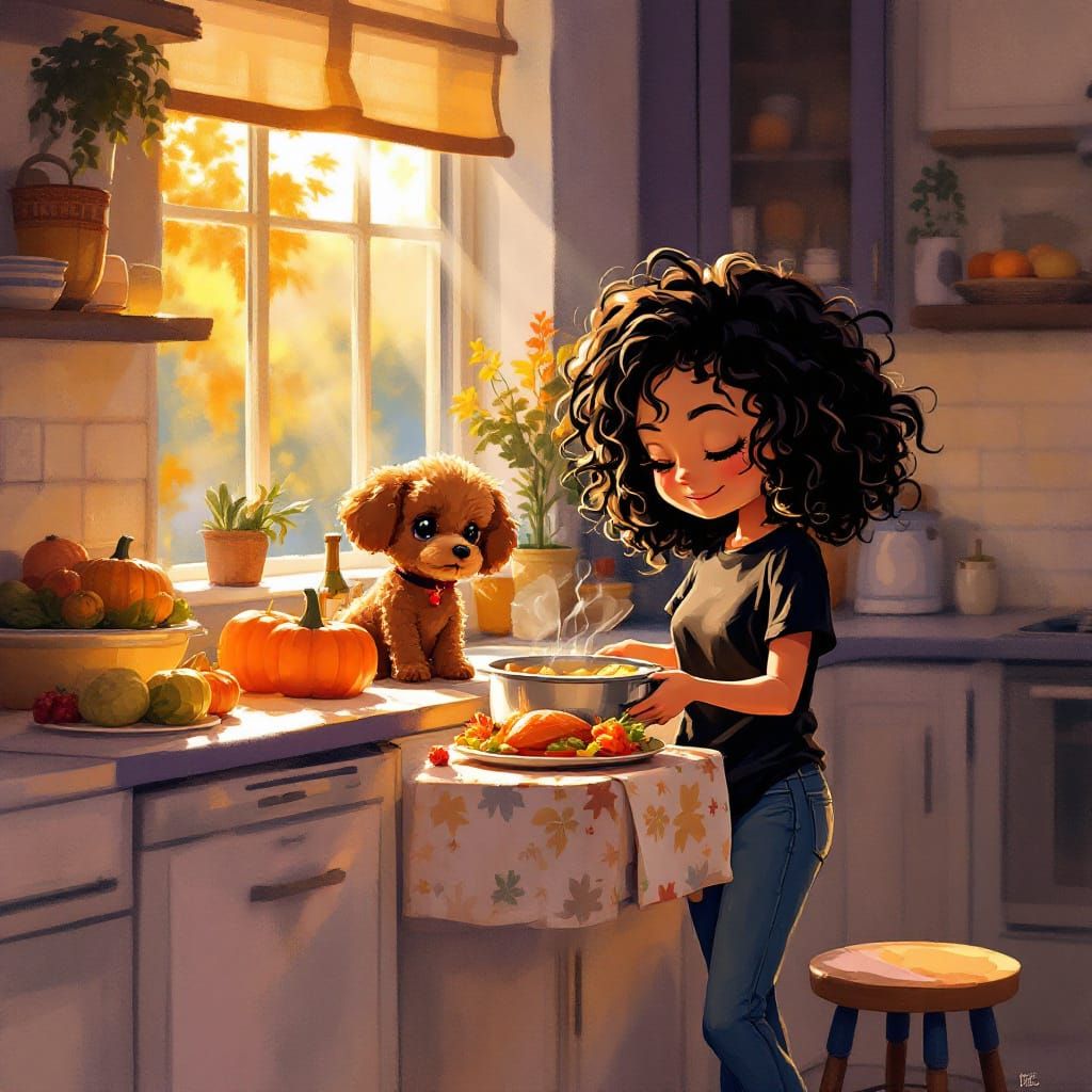 Chibi Woman Cooking Thanksgiving Dinner in Golden Hour Kitch...