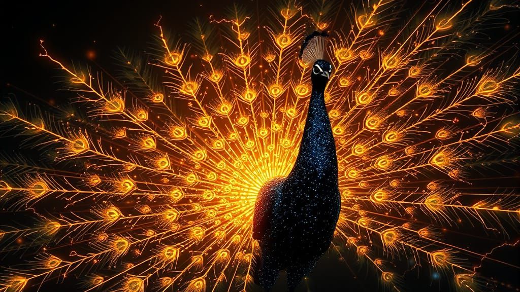 Bioluminescent Peacock Amidst Cosmic Glow and Lightning