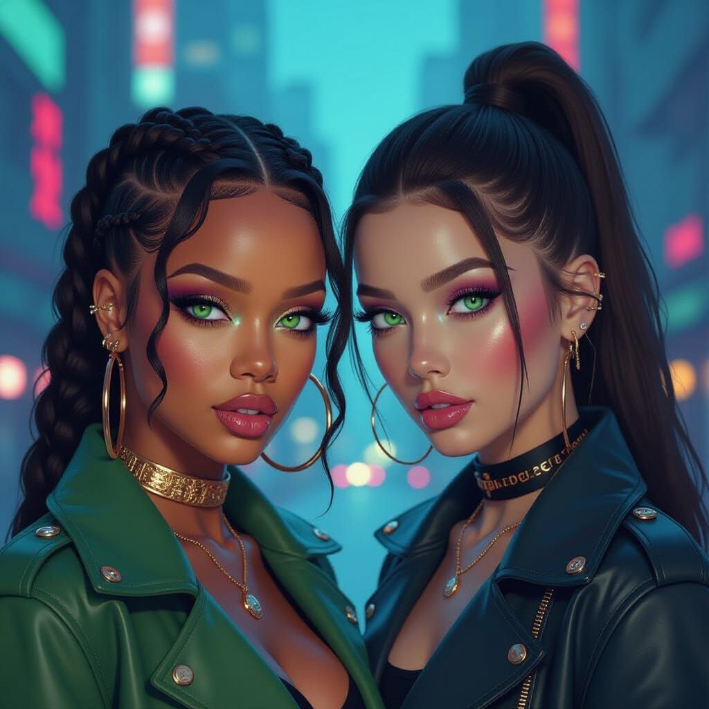 Rihanna and Tyla in a Futuristic Cityscape