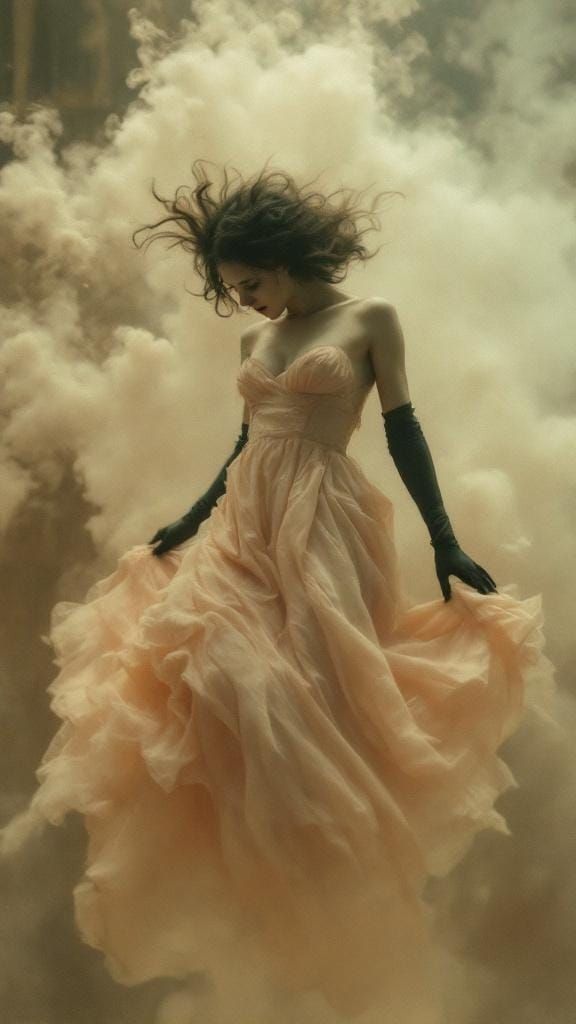 Surreal Gown in Golden Fog, Noir Style