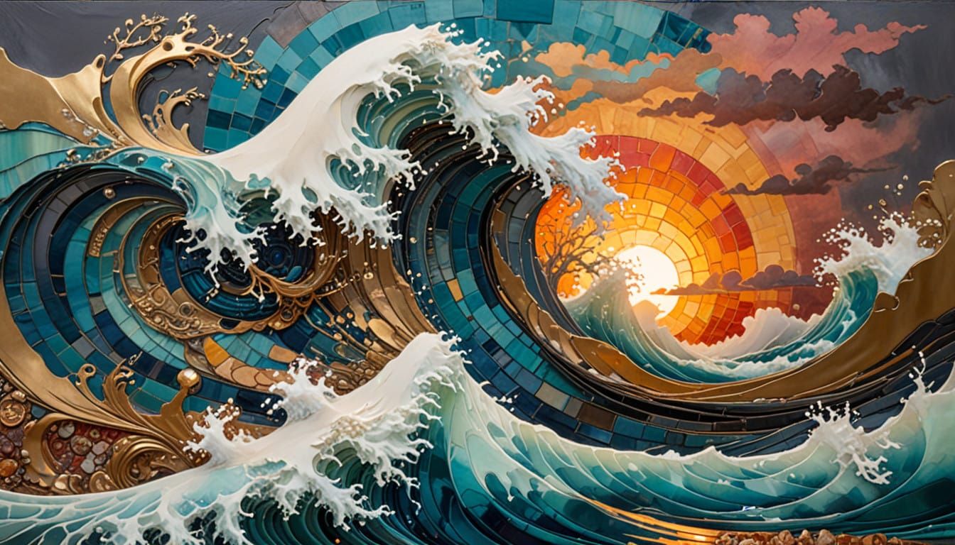 Dreamlike Ocean Sunset with Kintsugi Mosaic Elements in Vibr...