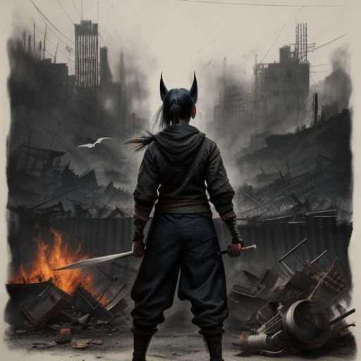 Woman with Bat in Junkyard Fire, Charcoal Drawing