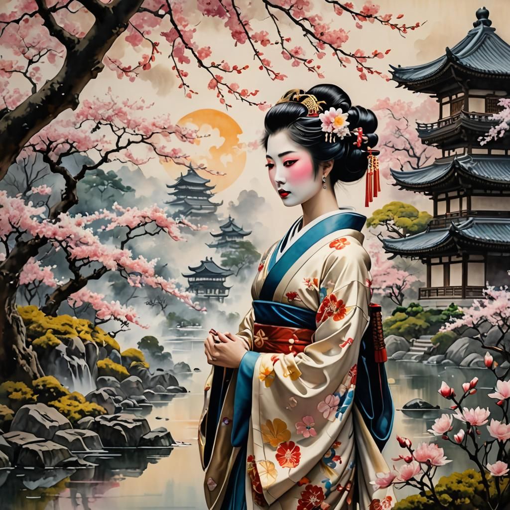Geisha in Cherry Blossom Garden, Ukiyo-e Style