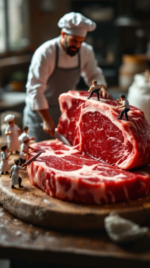 Miniature Chefs Trim a Gigantic Steak in a Whimsical Kitchen...