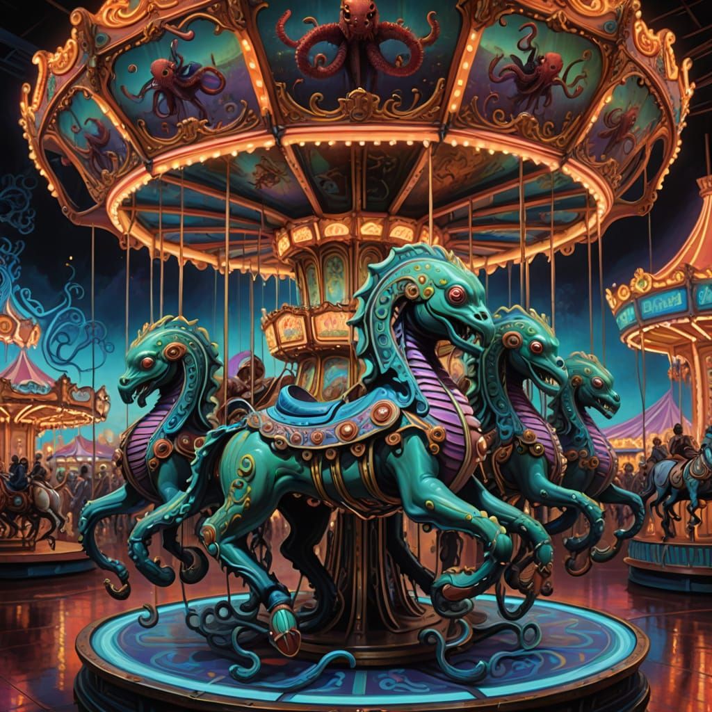 Android Octopi Carousel in Neon Light Oil Painting