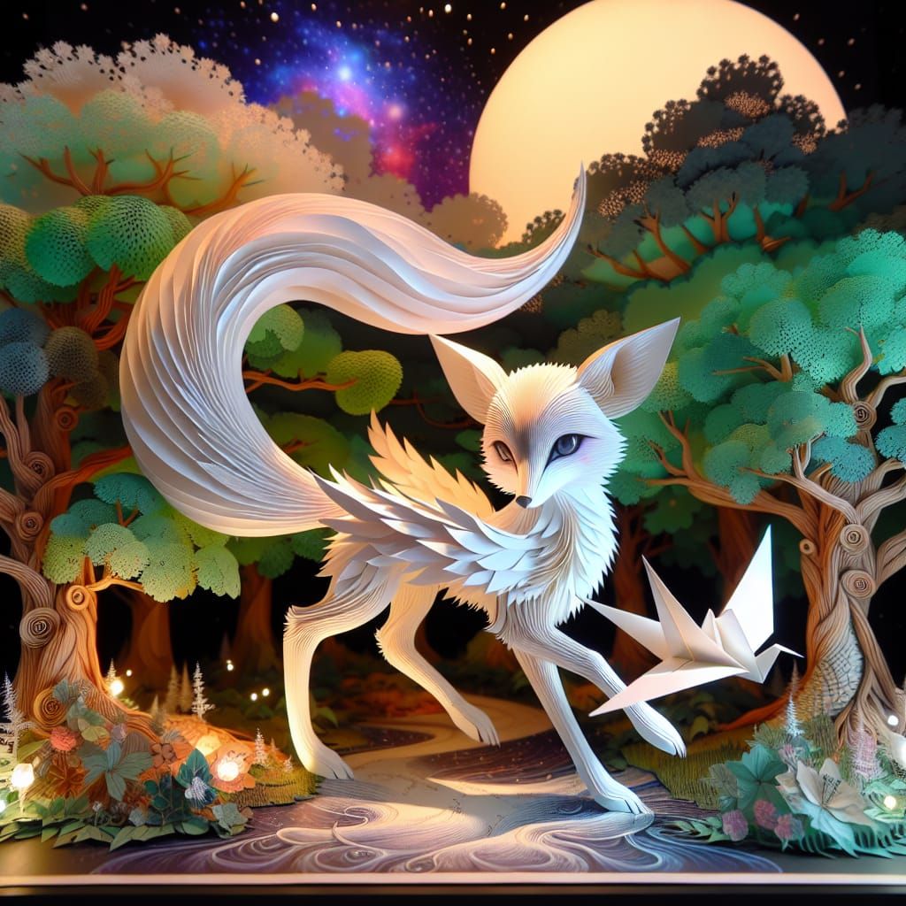 Winged Fox in Moonlit Forest as Digital Painting