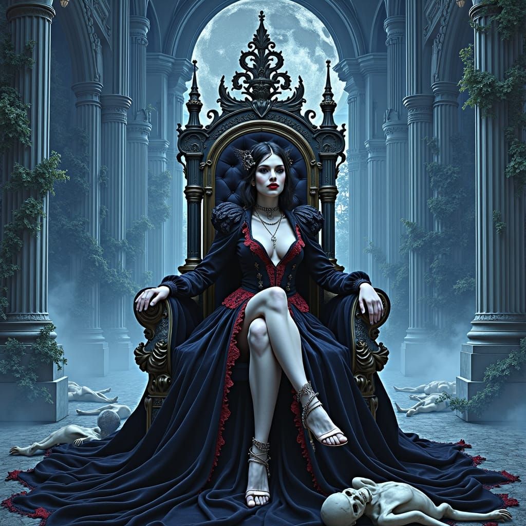 Gothic Vampire Queen on Throne in Dark Fantasy
