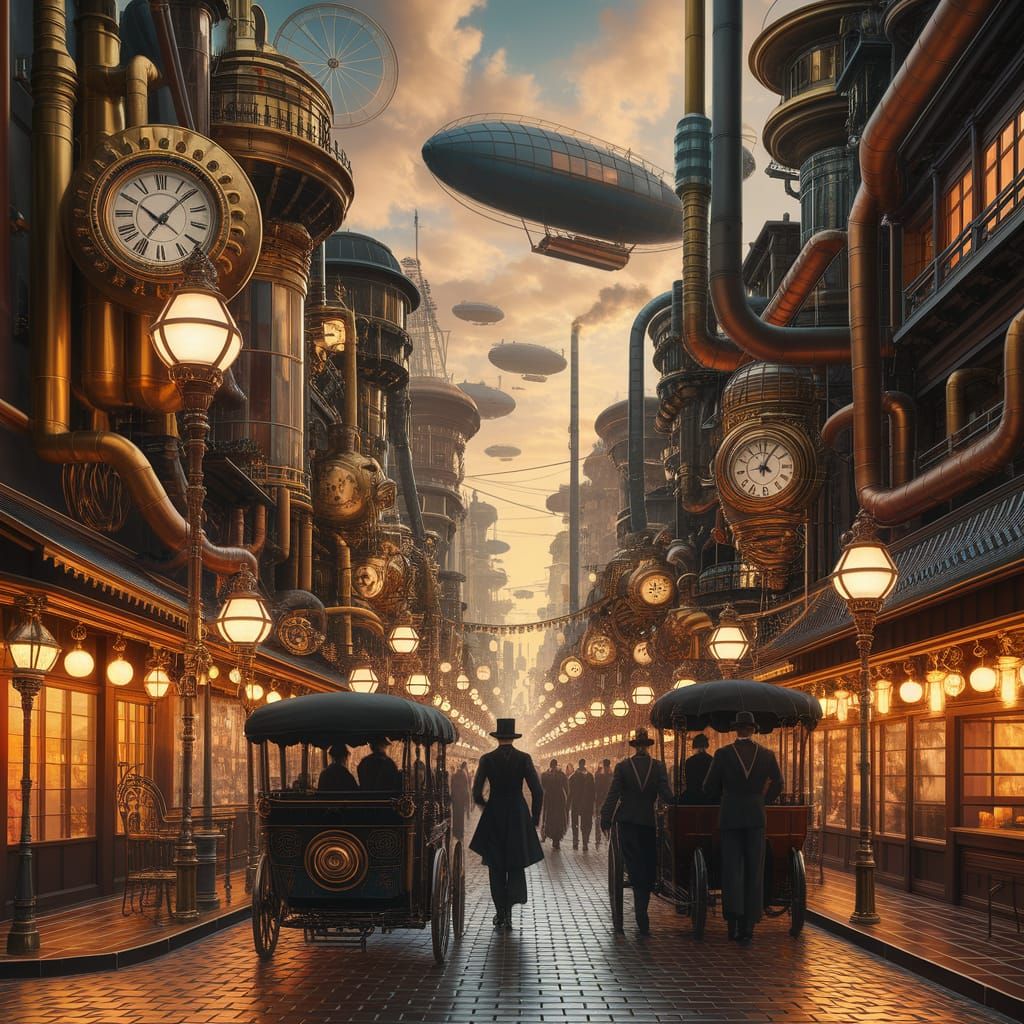 Steampunk Tokyo Cityscape with Airships and Clockwork Towers