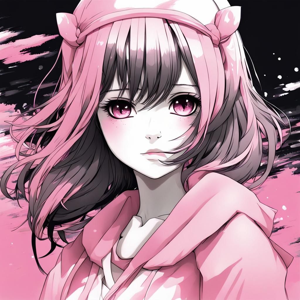 Anime Girl in Pink, Black and White