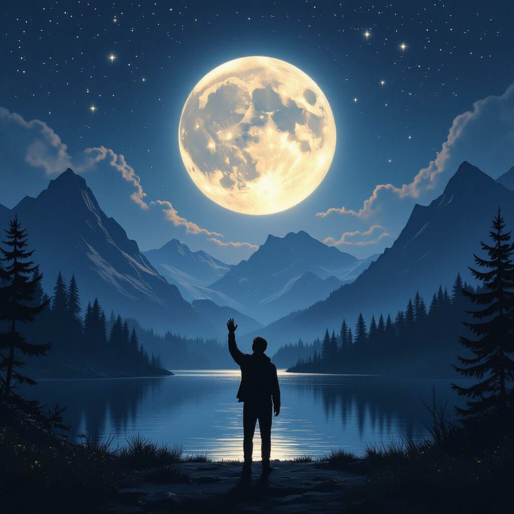 Mystical Night Landscape with Man Reaching for Moon