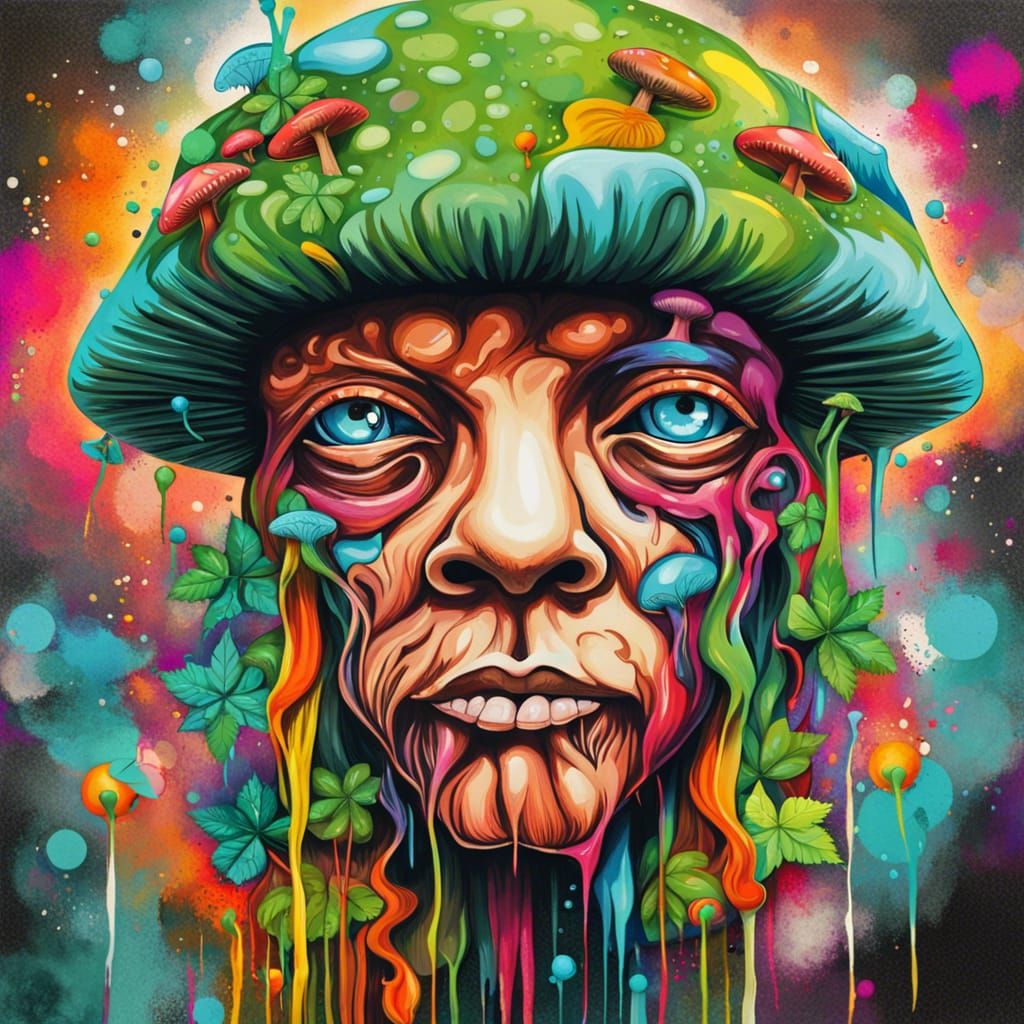 Whimsical Mushroom with Face in Graffiti Art Style