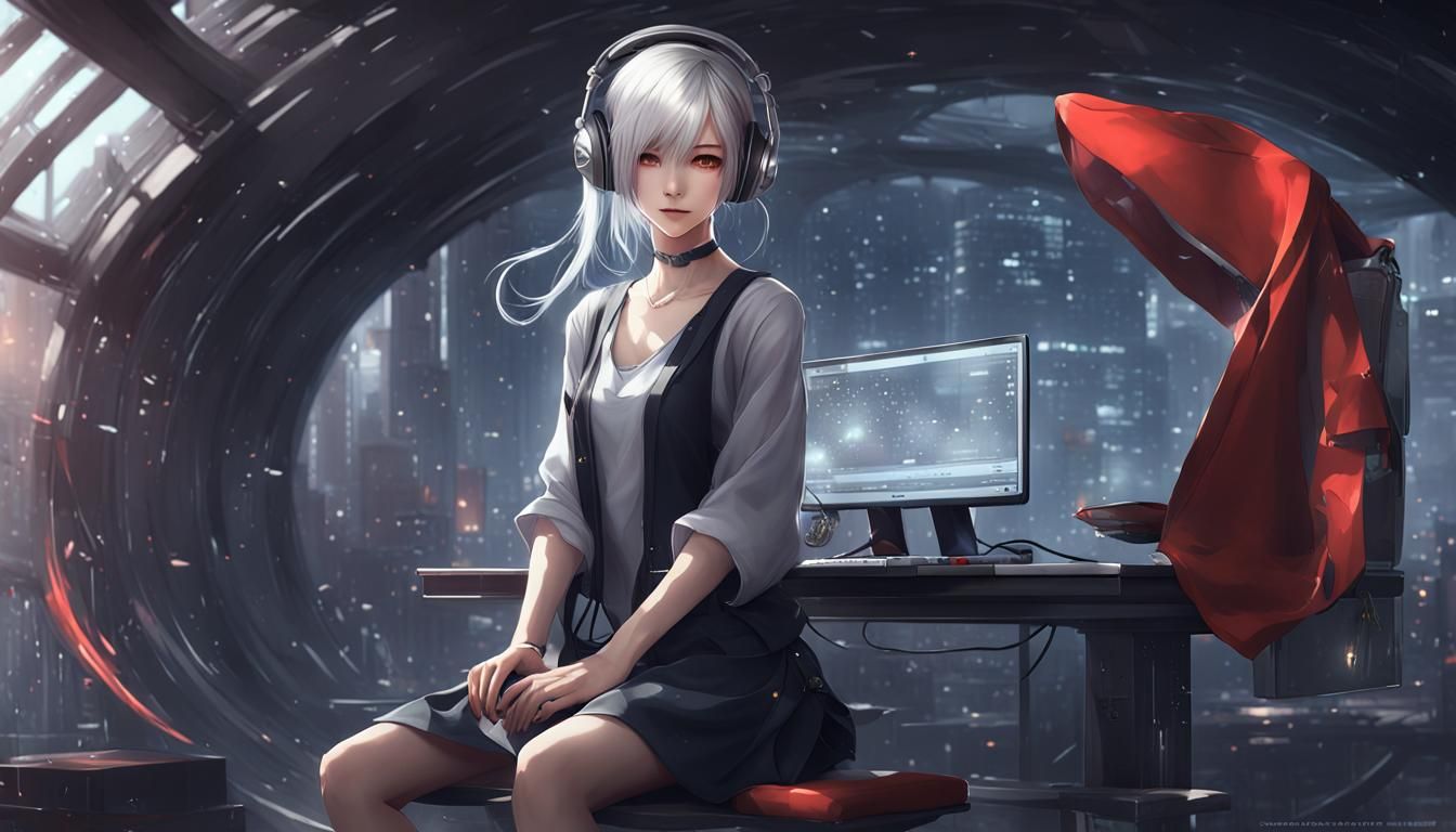 Anime Style Woman in Red Dress at Computer