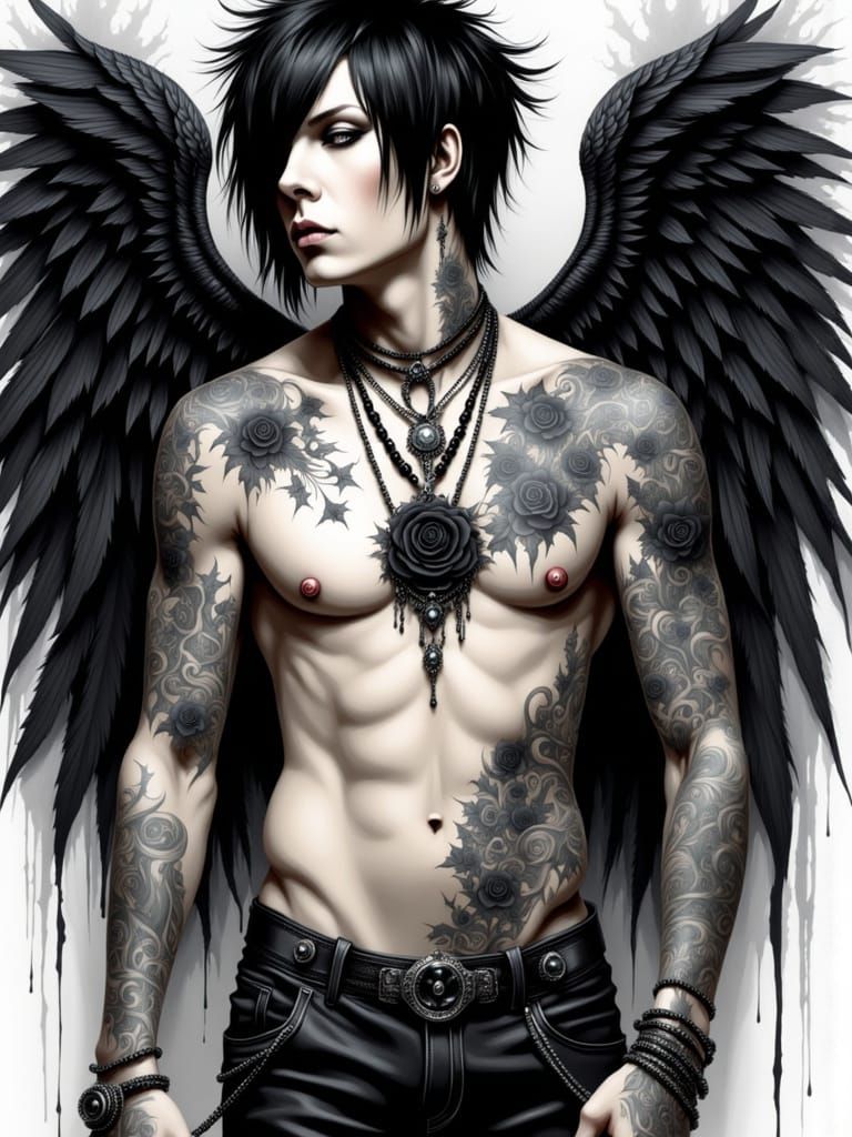 Male Goth angel; tattoos, emo, wide angle view, full length ...