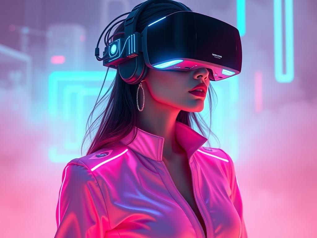 Futuristic Woman in Neon Vaporwave Landscape
