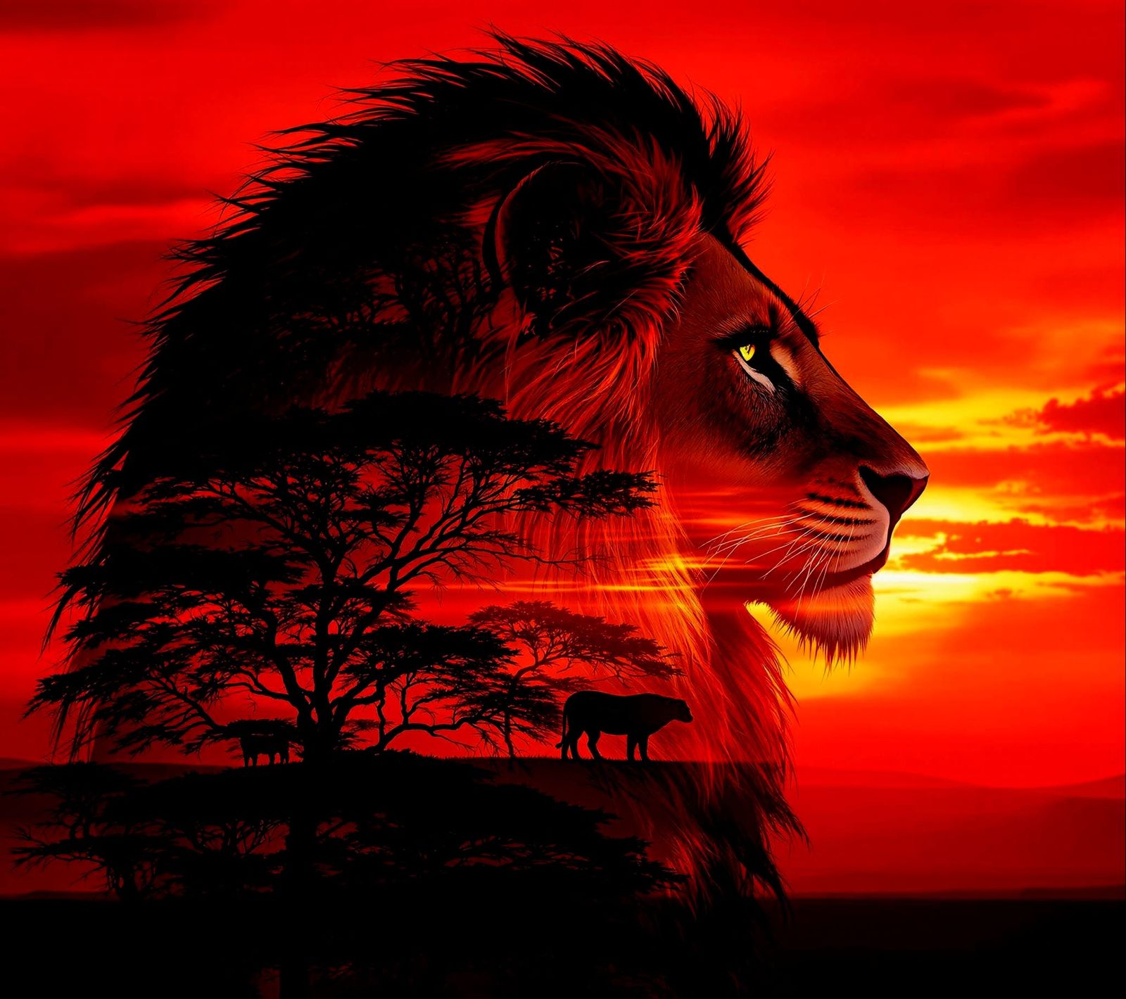 Serengeti Sunset with Majestic Lion Silhouettes