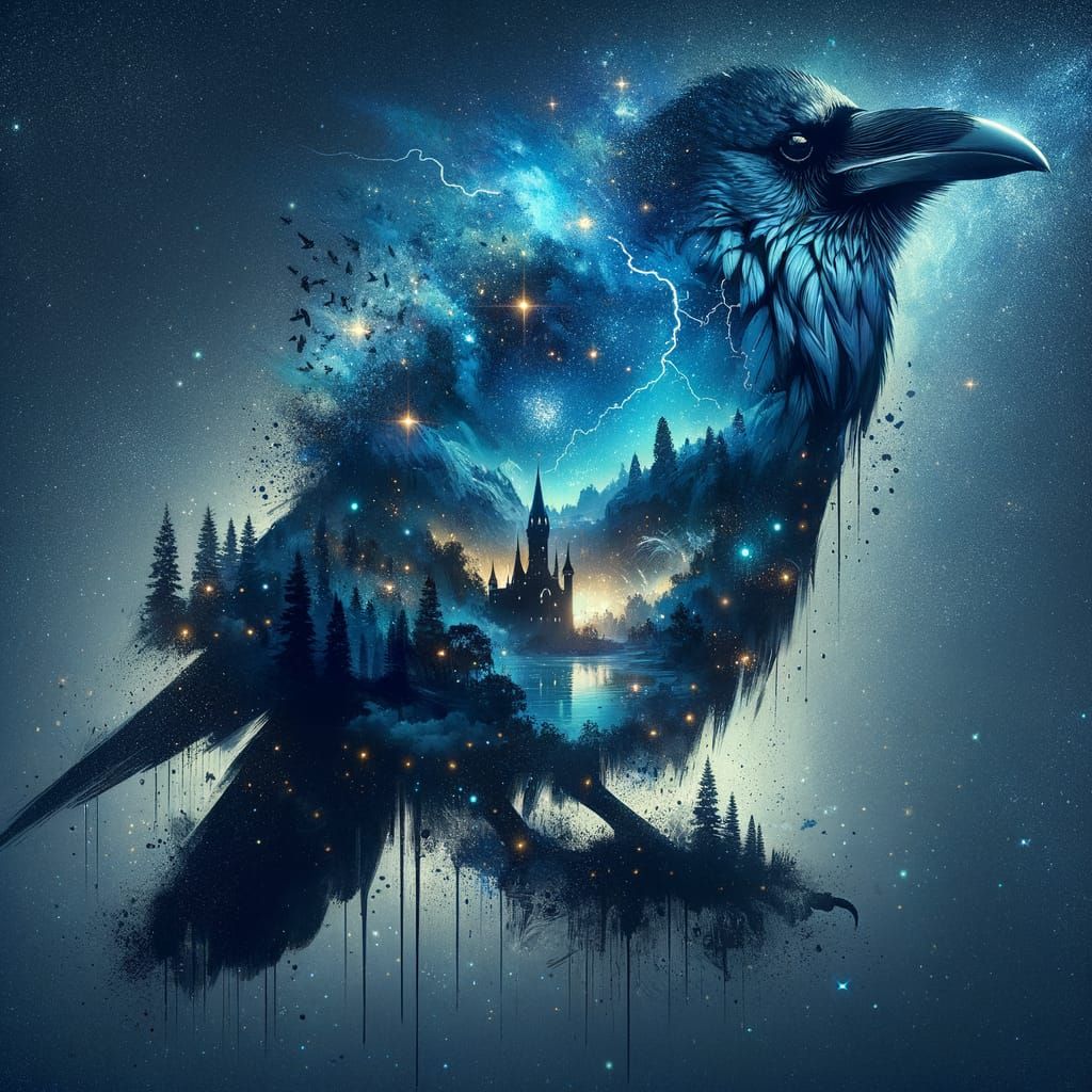 Raven Silhouette with Magical Castle in Double Exposure