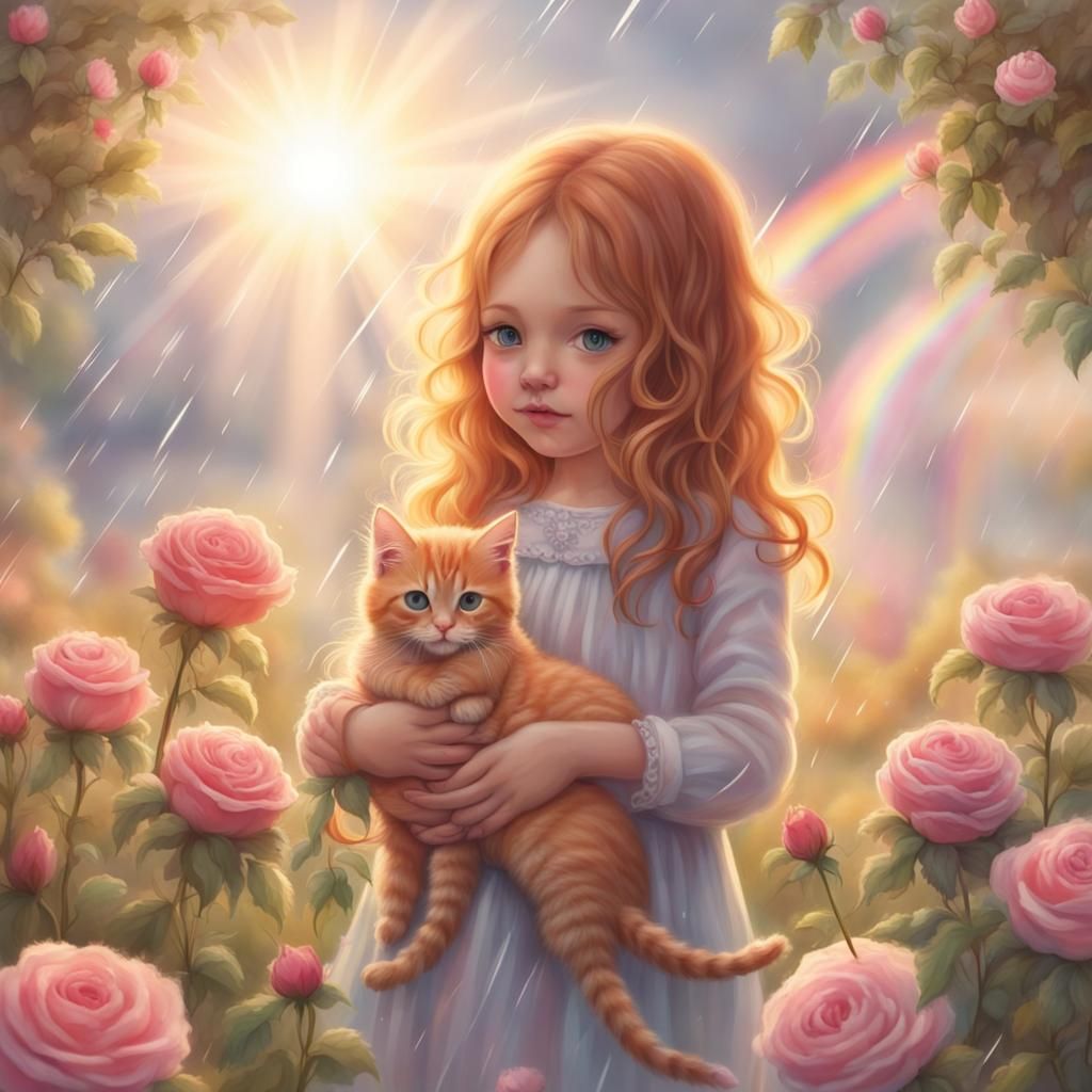 Girl in Meadow with Rainbows and Sunshine