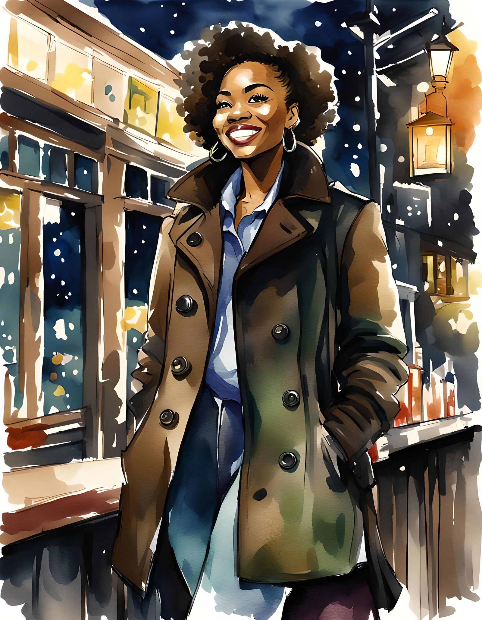 Smiling Woman in Boots: Ink and Watercolor Night Scene