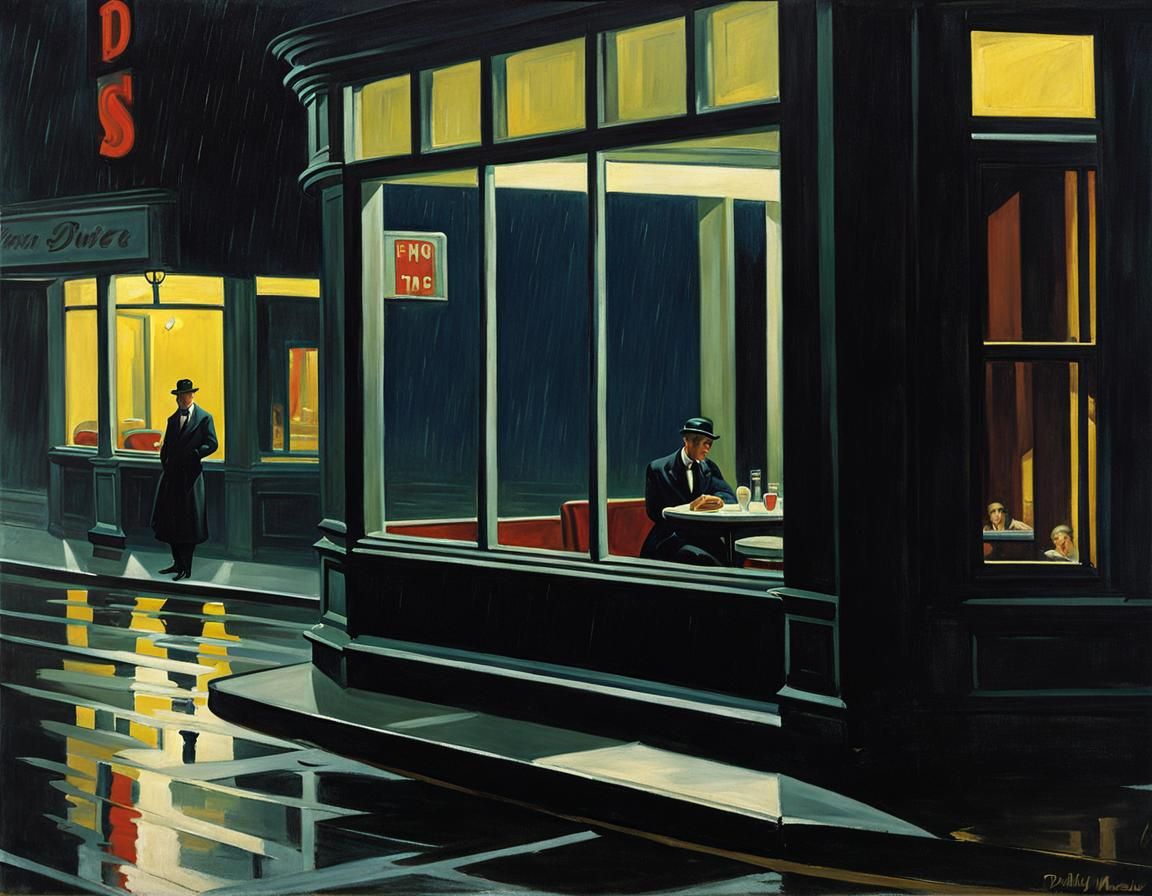 Rainy Night Diner Scene in Hopper Style