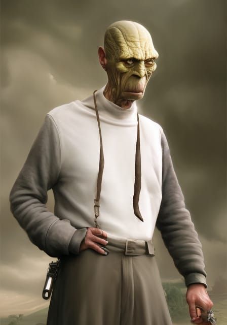 Grumpy Giant Ogre Scowls over Terrified Village