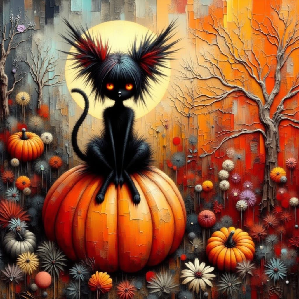 Whimsical Black Cat on Pumpkin in Autumn Scene