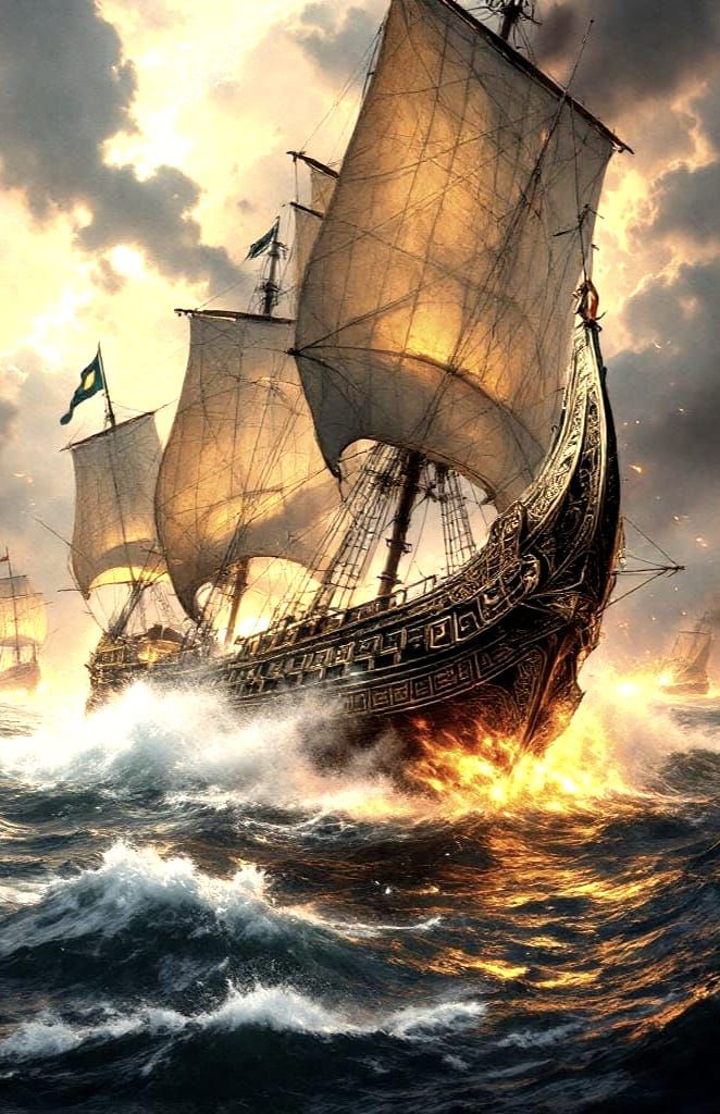 Greek Warship Battle in Flames