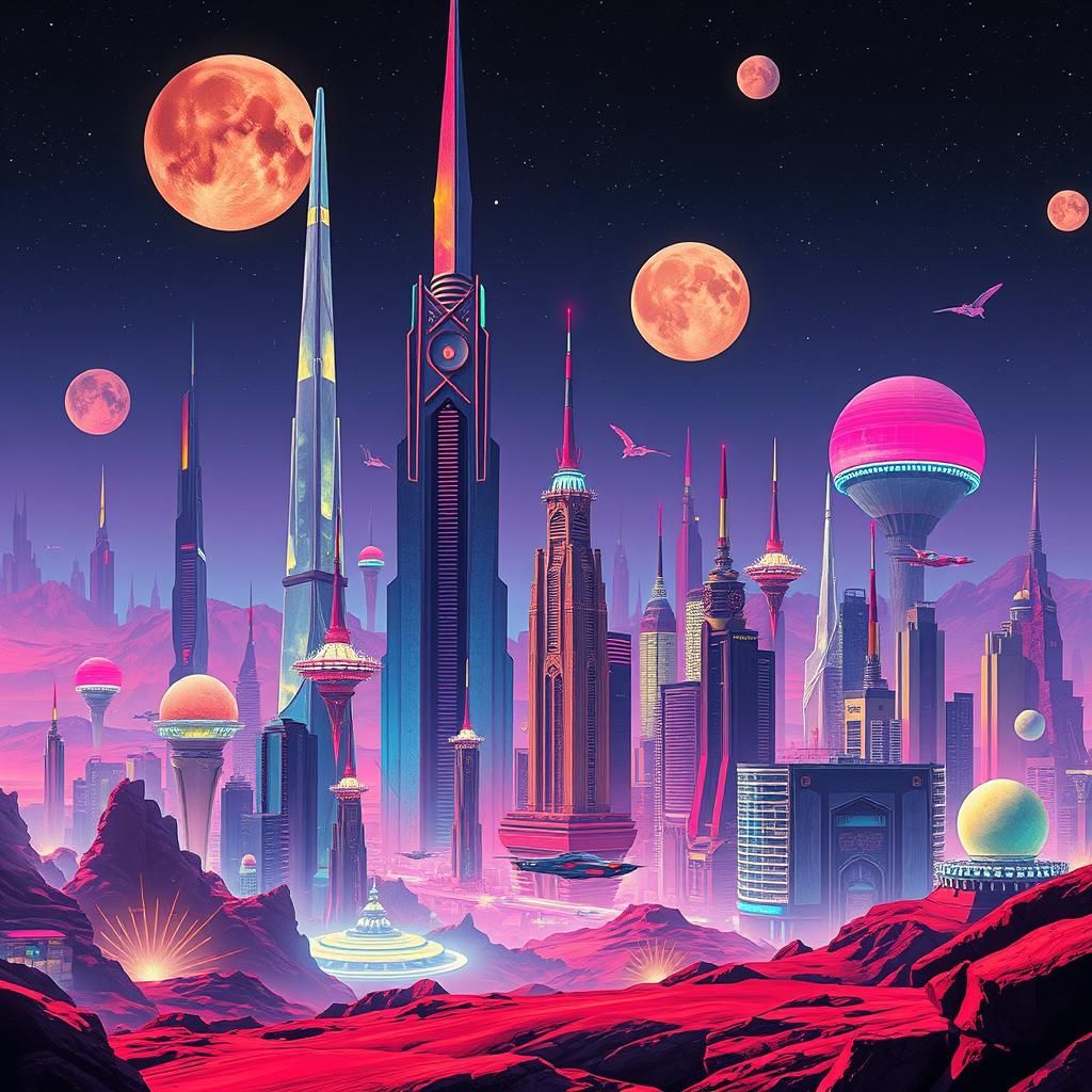 Alien Cityscape with Crystal Spires in Retro-Futuristic Styl...
