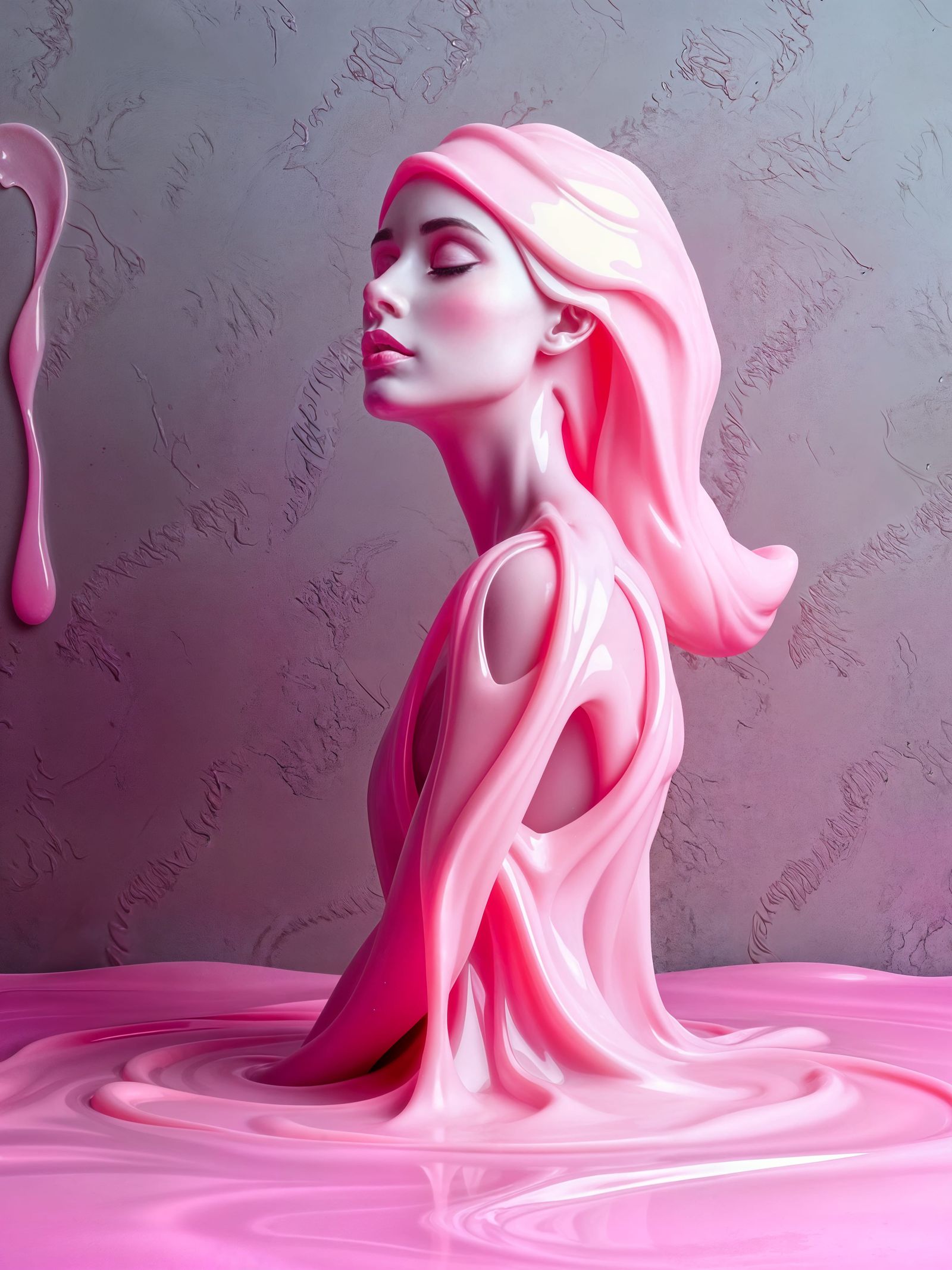 Surreal Pink Slime Goddess Emerges from Melting Oil Painting