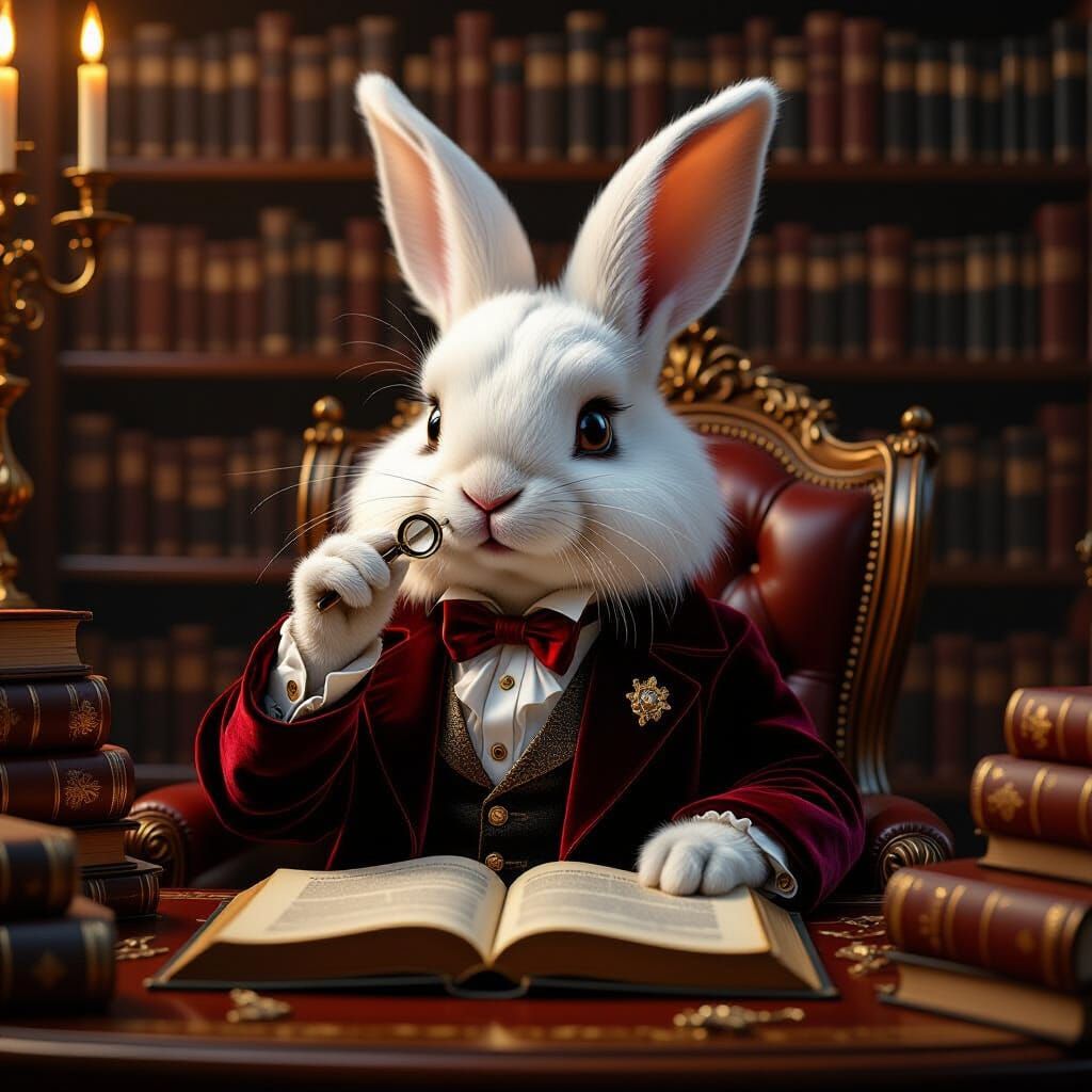 Fluffy Rabbit Polishing Monocle in Opulent Library