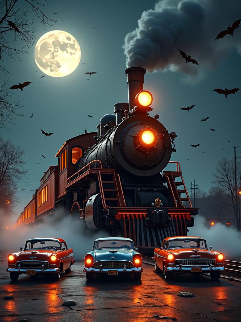 Ghostly Steam Locomotive with Hot Rods in Matte Painting Sty...