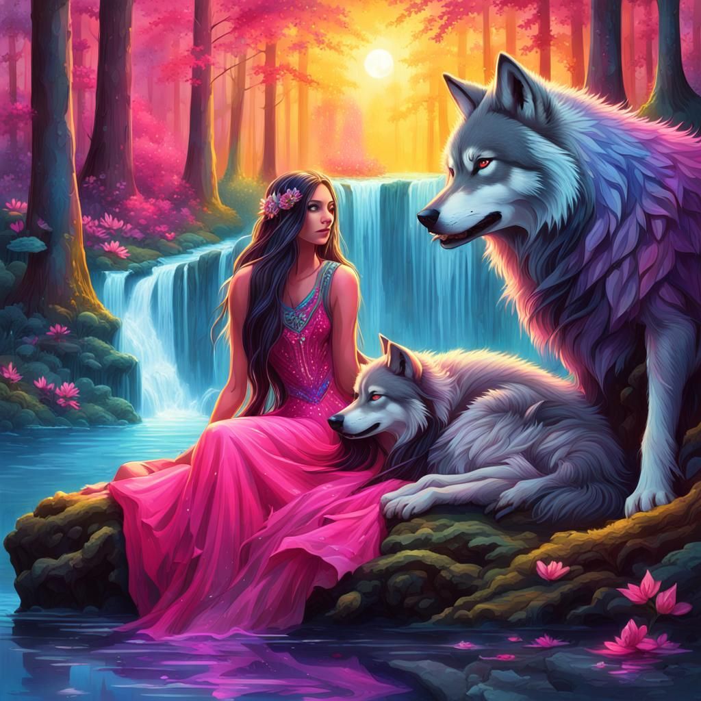 Woman and Wolf in Fantasy Forest, Hyperrealistic Style