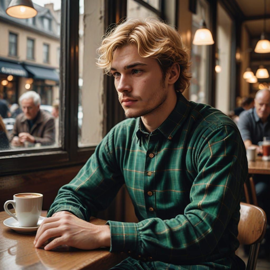 Young Man Serenely Typing at Cafe Window