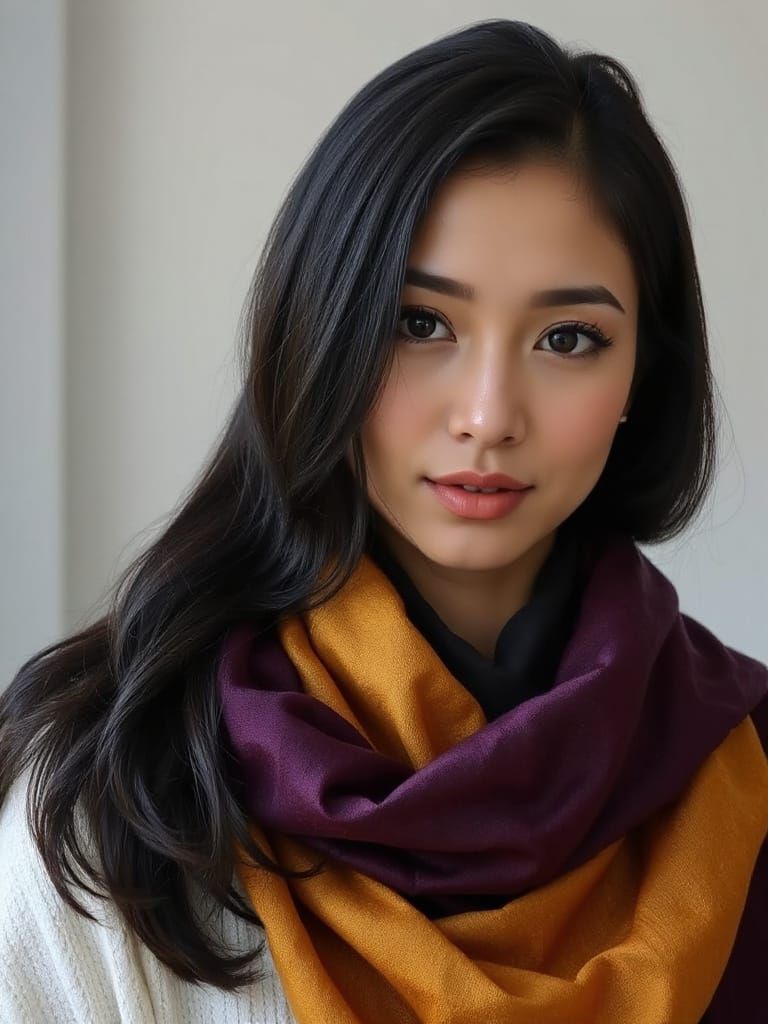 Photorealistic Portrait of Woman with Purple and Gold Scarf