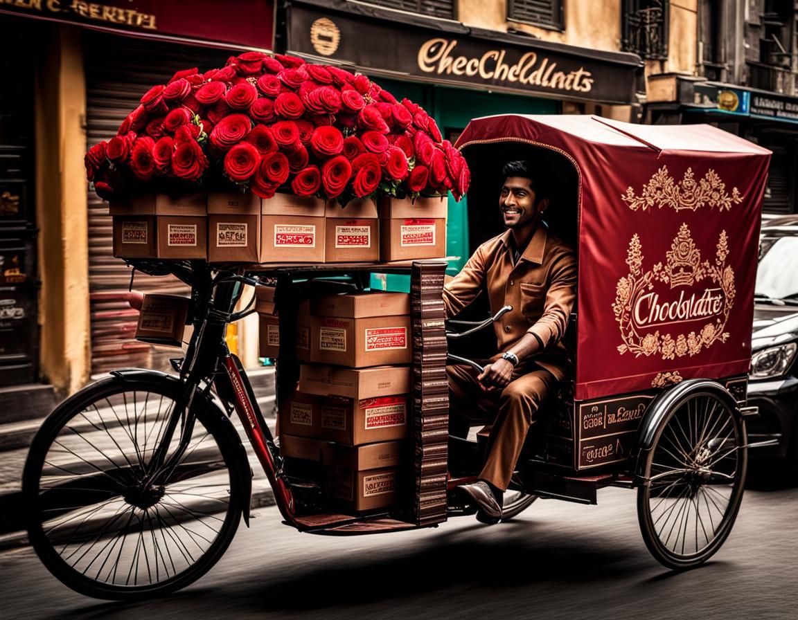 Rose and Chocolate Delivery on Busy City Street