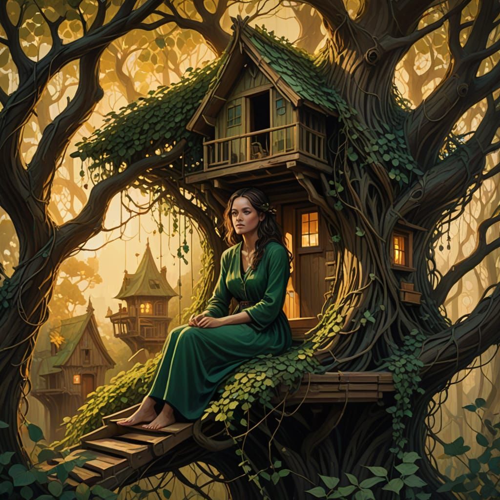 a  woman and a tree house