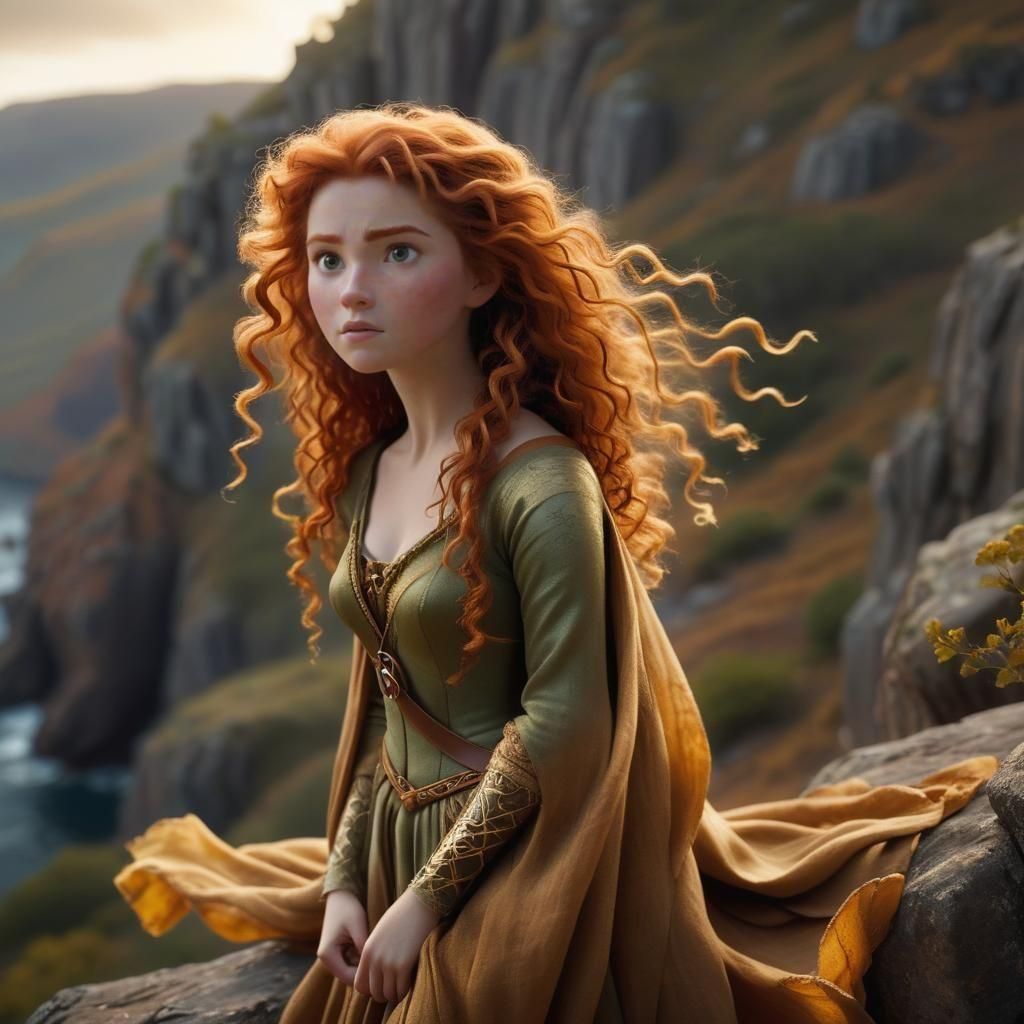 Merida on a Cliff with Flowing Hair
